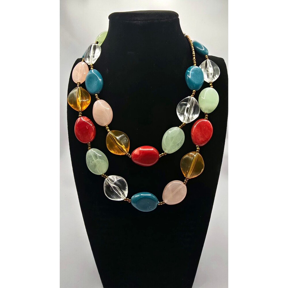 Vintage 1970s Chunky Multicolor Statement Necklace 32" Double Strand Resin Bead
